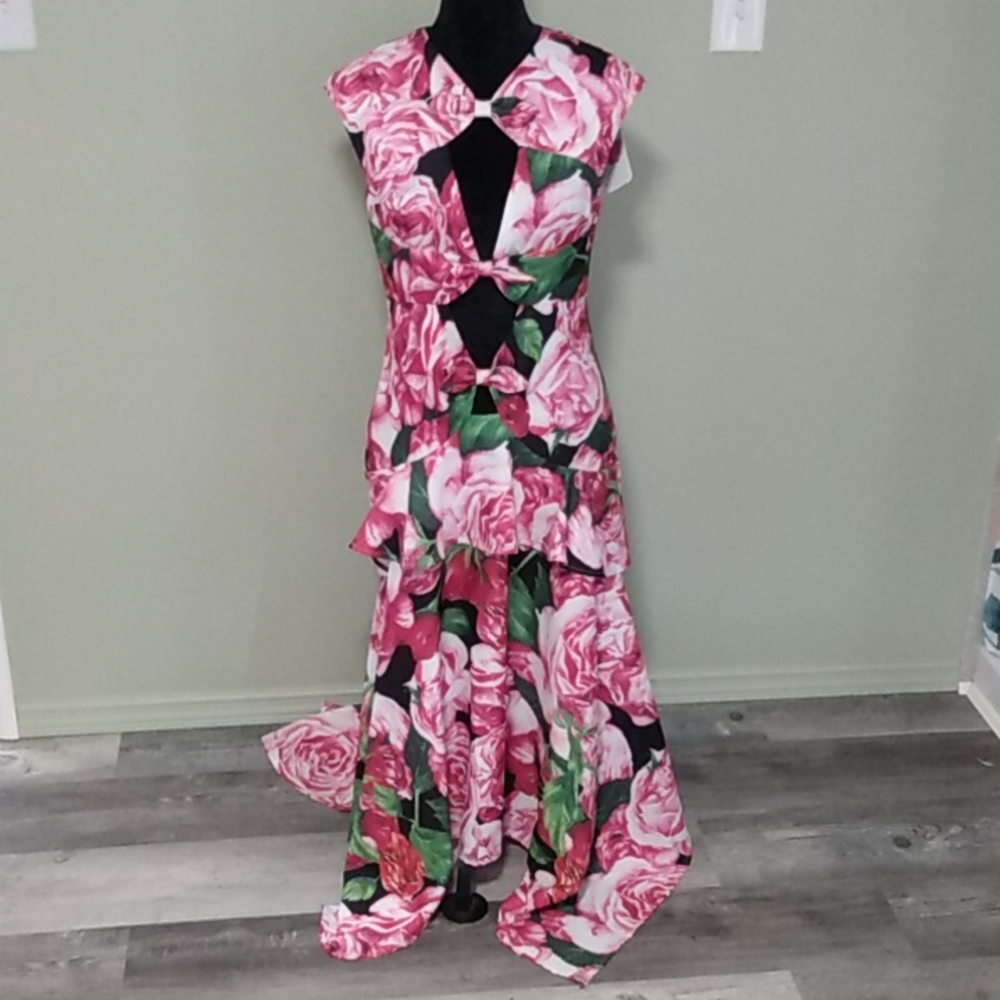 L'Atiste By Amy NWT! Black/Pink Floral Print Cut-Out Asymmetrical Dress Size L